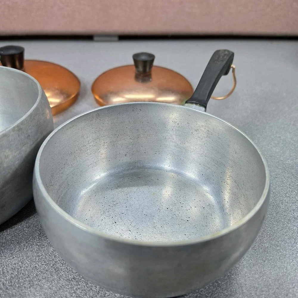 Wear-Ever Hallite Saucepan Set 2pc Silver Copper MCM Aluminum Good Vtg USA